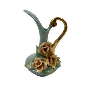 Vintage Capodimonte Lustreware Bud Vase Pitcher Porcelain W Applied Flowers Blue